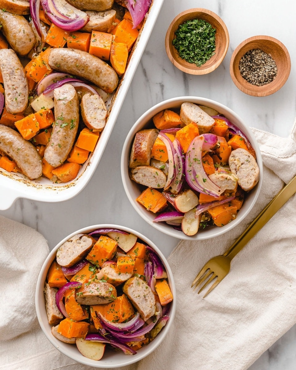 The image shows two white bowls filled with sliced light brown sausage pieces on top, along with chunky orange sweet potato cubes, thin slices of red onion, and small pieces of apple mixed in. Both bowls are placed on a white marbled surface next to a white cloth and a gold fork. To the left, a white baking dish contains whole light brown sausages nestled among roasted orange sweet potato pieces and red onion strips, sprinkled with green herbs. Above the bowls, a small wooden bowl with black pepper and another wooden bowl with green chopped herbs are visible. The overall look is warm and fresh with vibrant orange, brown, red, and green colors. Photo taken with an iphone --ar 4:5 --v 7