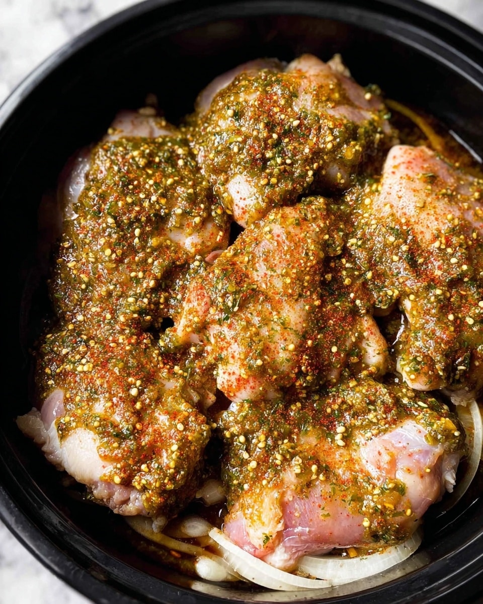 The image shows six pieces of raw chicken thighs placed close together in a black round container. Each piece is covered with a thick layer of green salsa mixed with yellow mustard seeds and black pepper specks. There is a light dusting of reddish-orange seasoning sprinkled on the chicken. Beneath the chicken pieces, thin slices of white onion are visible, creating a subtle base layer. The textures vary from the smooth chicken skin to the chunky salsa topping, with an overall layered, rustic look. The background surface is a white marbled texture. Photo taken with an iphone --ar 4:5 --v 7