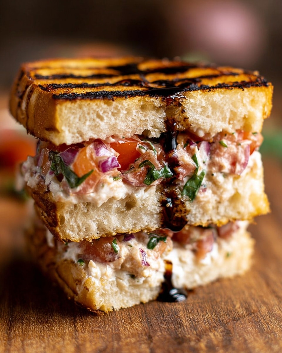 There are several small toasted sandwiches arranged on white crumpled parchment paper over a white marbled surface. Each sandwich has two thick slices of golden toasted bread marked with dark grill lines and drizzled with a dark balsamic glaze. Inside, there is a creamy white cheese layer topped with a colorful mix of chopped red tomatoes, green herbs, and bits of red onion. The sandwiches show a textured, crispy outer crust and are placed close together, giving a warm and inviting look. Photo taken with an iphone --ar 4:5 --v 7