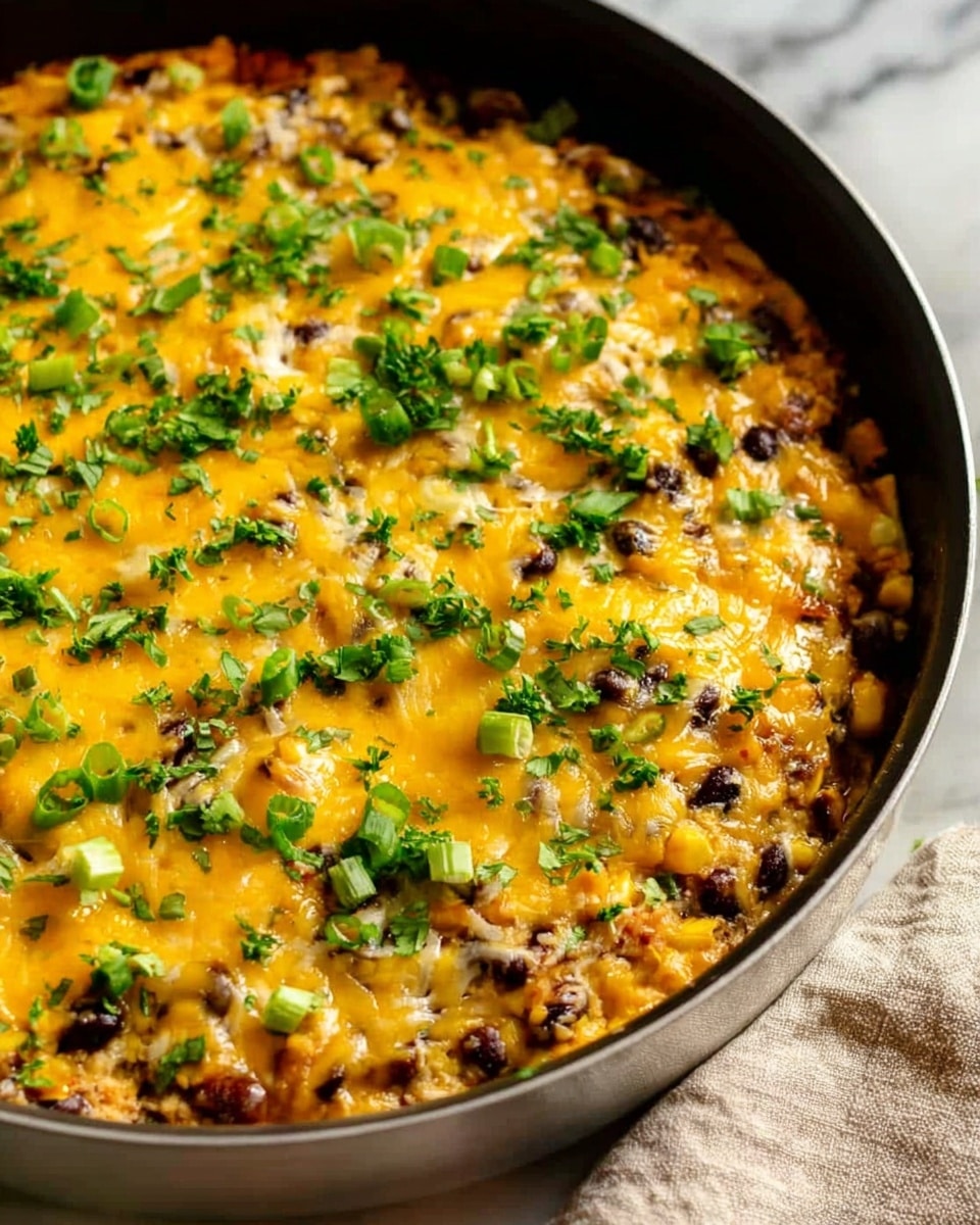 The image shows a close-up of a pan filled with a cheesy dish that has a melted yellow and orange cheese layer on top. Underneath the cheese, there are visible layers of black beans, yellow corn, and finely chopped green herbs like parsley and green onions sprinkled all over. The texture looks creamy with some small chunks of food mixed in. The pan sits on a white marbled surface with part of a beige cloth visible under one side. photo taken with an iphone --ar 4:5 --v 7