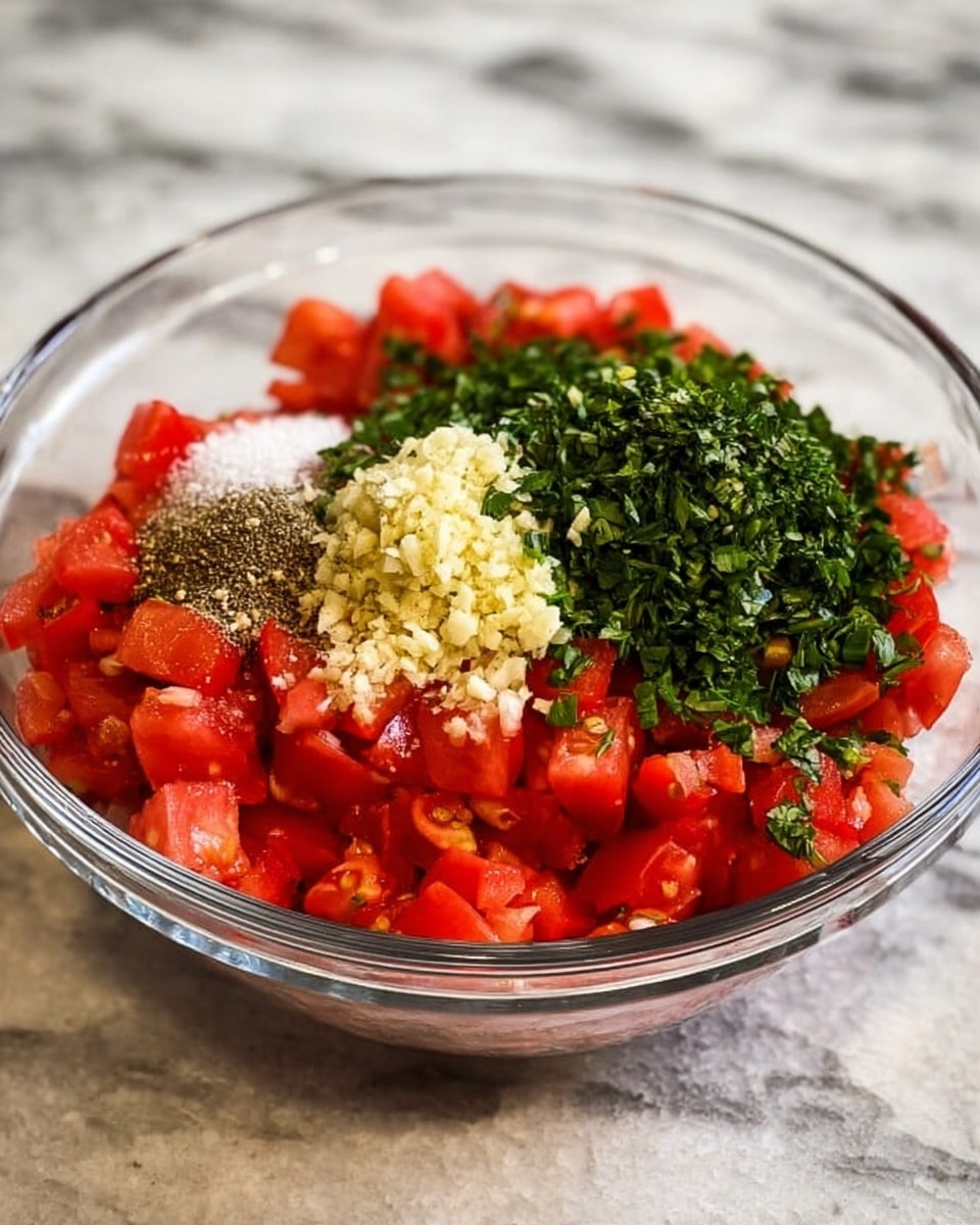 A close-up image shows a woman's hand holding a small round toasted bread piece with three visible layers: the base is golden brown and crispy, the middle is a thick creamy white spread, and the top has bright red diced tomatoes mixed with small green herb bits and a drizzle of dark balsamic glaze. The background features a white bowl with blue and white zigzag patterns filled with a similar appetizer, showing layers of creamy spread, chopped tomatoes, and green basil leaves on top. The setting includes more toasted bread scattered around on a white marbled surface, giving a fresh and vibrant look to the scene. photo taken with an iphone --ar 4:5 --v 7