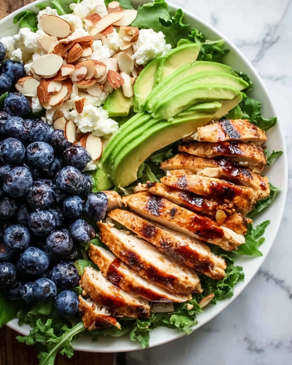The dish shows a white bowl filled with layered fresh ingredients arranged neatly on a white marbled surface. Starting from the left, there are grilled chicken strips with golden-charred lines, resting on green leafy arugula. Next, a fan of vibrant sliced avocado with light green shades is placed beside bright red strawberry slices. Near the center are shiny dark blueberries sprinkled over grainy beige quinoa, mixed with small white almond pieces. To the right, thin curled rings of light purple onion sit next to soft white crumbled cheese. At the bottom, there are evenly sliced pale green cucumbers with dark green edges. A jar of creamy brown dressing and a small white bowl of extra blueberries sit in the background, near a gray cloth. A woman’s hand is reaching from the right side. The photo taken with an iphone --ar 4:5 --v 7