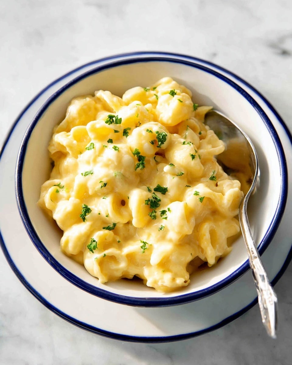 A close-up view of a large red pot filled with creamy macaroni and cheese. The dish has one main layer of curved pasta shells coated thickly in smooth, pale yellow cheese sauce with small green herb bits sprinkled on top. A silver spoon rests inside the pot on the right side, lifting some pasta slightly above the surface. The pot sits on a white marbled surface with a white cloth nearby. The texture of the cheese sauce looks rich and soft, covering each macaroni piece evenly. photo taken with an iphone --ar 4:5 --v 7