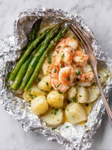 Creamy Garlic Prawns Shrimp and Cheesy Potatoes Foil Packet Recipe