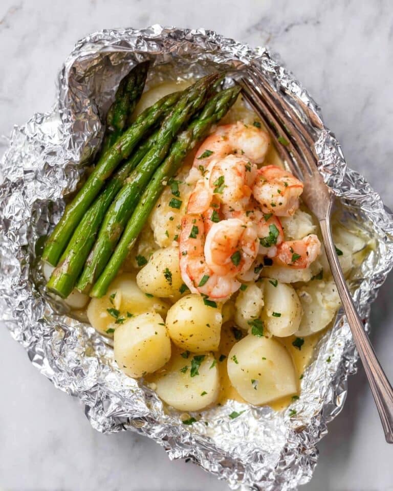 Creamy Garlic Prawns Shrimp and Cheesy Potatoes Foil Packet Recipe