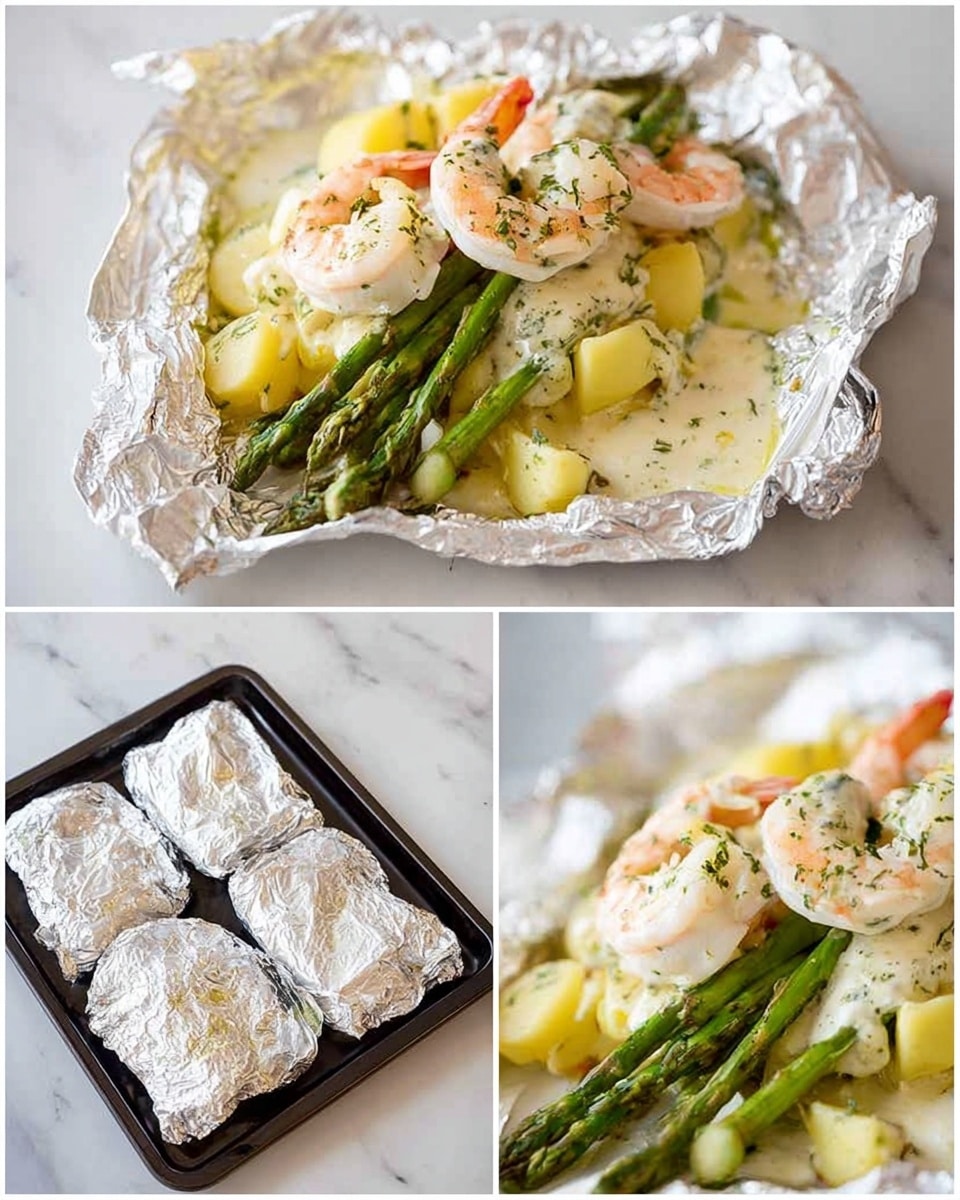 The image shows a collage of three photos featuring a shrimp and asparagus dish being prepared and served. In the top left, a white marbled surface holds a sheet of silver foil with layers arranged in the center: a base of light yellow diced potatoes, topped with green asparagus spears, and two large cooked shrimp with pink tails and white bodies, all covered with a creamy white sauce sprinkled with green herbs. The bottom left photo shows three parcels of silver foil neatly folded and placed on a black baking tray, resting on the white marbled surface. The right photo is a close-up of the cooked dish on the white marbled surface, showing the shrimp on top of potatoes and asparagus, covered with creamy sauce and green herb garnish. Photo taken with an iphone --ar 4:5 --v 7