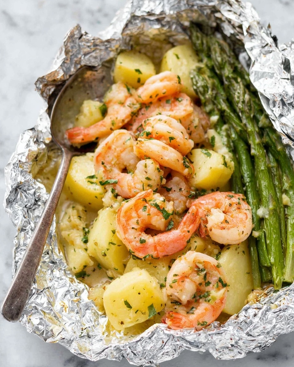 The image shows a foil packet filled with three main layers: at the bottom, there are soft, small, white potato pieces coated in a light sauce. Above the potatoes, there are several green asparagus spears placed diagonally from the bottom left to the top right. On top, there are four cooked shrimp arranged with tails visible, pinkish in color with small green herbs sprinkled all over. The foil packet is open and placed on a white marbled surface with a fork lying next to it inside the foil, touching the potatoes. photo taken with an iphone --ar 4:5 --v 7