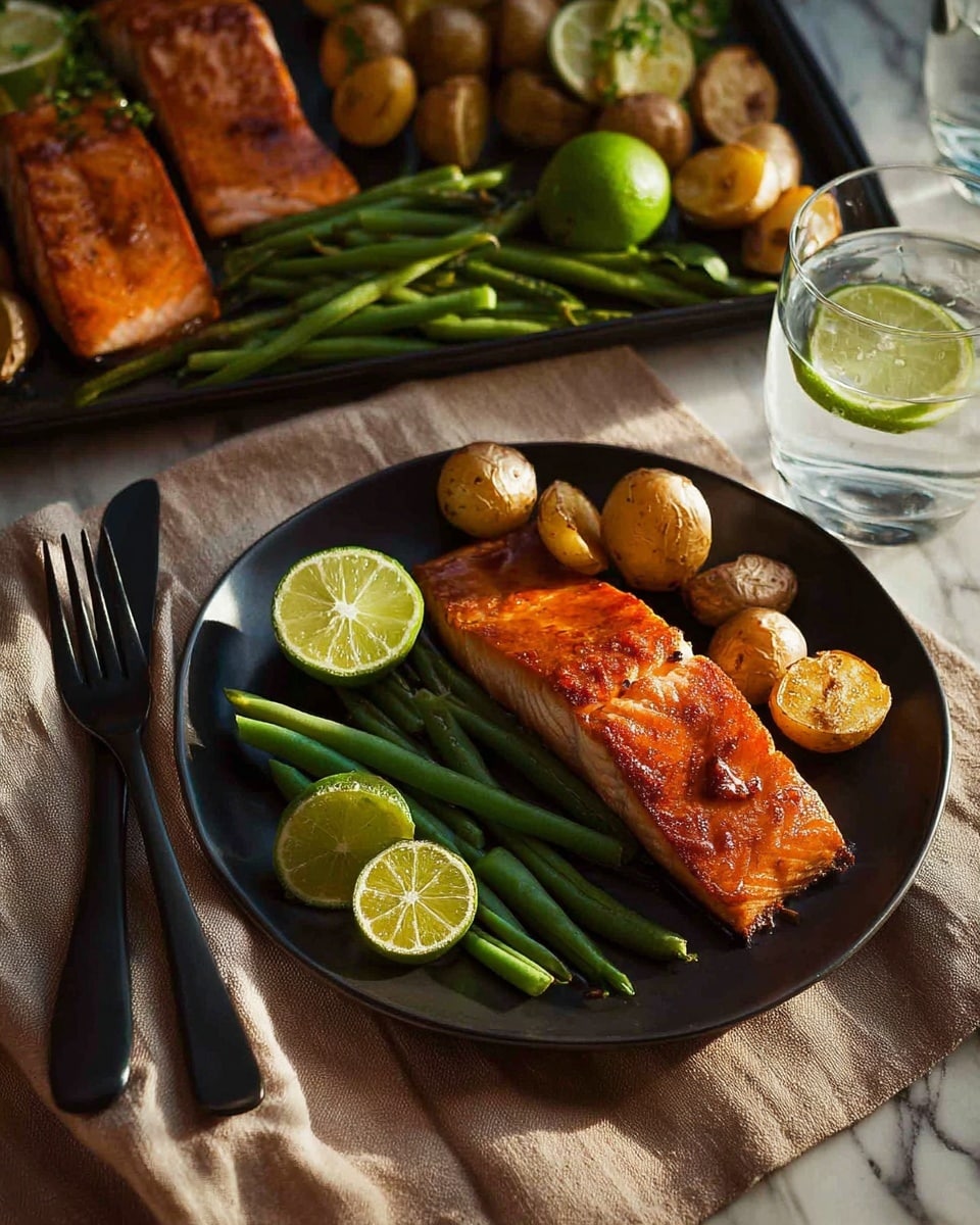 A black tray holds three cooked salmon fillets placed diagonally from top right to bottom left, each with a golden-brown color and slight charring on the edges. Around the salmon are multiple halved baby potatoes with a crispy, browned surface. Fresh green beans are scattered throughout the tray, adding a fresh green color. Several lime wedges are placed on and around the tray, bright green and juicy. The tray sits on a white marbled surface with two clear glasses of water partially visible in the foreground, and two small red chili peppers and a lime half on the top left corner. Photo taken with an iphone --ar 4:5 --v 7