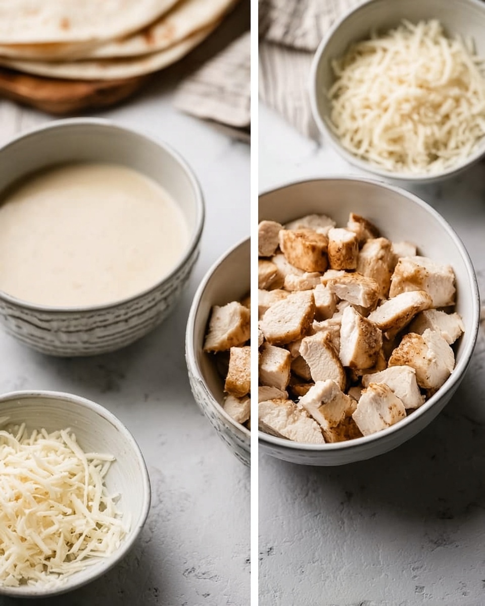 A white bowl filled with evenly cut light brown cooked chicken pieces, placed on a white marbled surface. Next to it is a smaller white bowl with a creamy light beige sauce and another white bowl with finely shredded pale cheese. In the background are folded beige flatbreads, adding a soft texture contrast. photo taken with an iphone --ar 4:5 --v 7