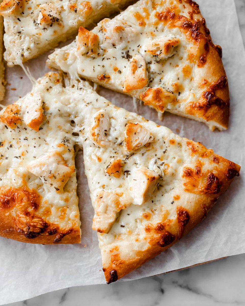 The image shows three slices of pizza on white parchment paper, placed on a white marbled surface. The pizza has a thick golden-brown crust with some darker spots from baking. The top layer is covered in melted white cheese that looks creamy with golden-brown spots where it has slightly browned. There are small pieces of light brown cooked chicken scattered over the cheese with some black pepper sprinkled on top. The cheese stretches slightly between slices, showing its softness and meltiness. Photo taken with an iphone --ar 4:5 --v 7