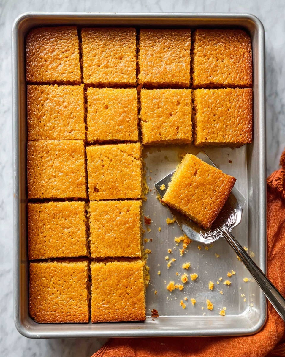 Pumpkin Bars Recipe 5 The image shows a metal baking tray filled with 20 square pieces of golden brown cake, arranged in a grid pattern. The top layer of the cake has a slightly rough texture with small cracks, giving it a homemade look. One square piece is lifted slightly in the middle by a shiny, decorative silver spatula, showing the same golden brown color inside. The tray is placed on a white marbled surface, with an orange cloth partially visible on the right side. The cake squares fill the left side of the tray, while the right side is mostly empty, with crumbs scattered around. photo taken with an iphone --ar 4:5 --v 7