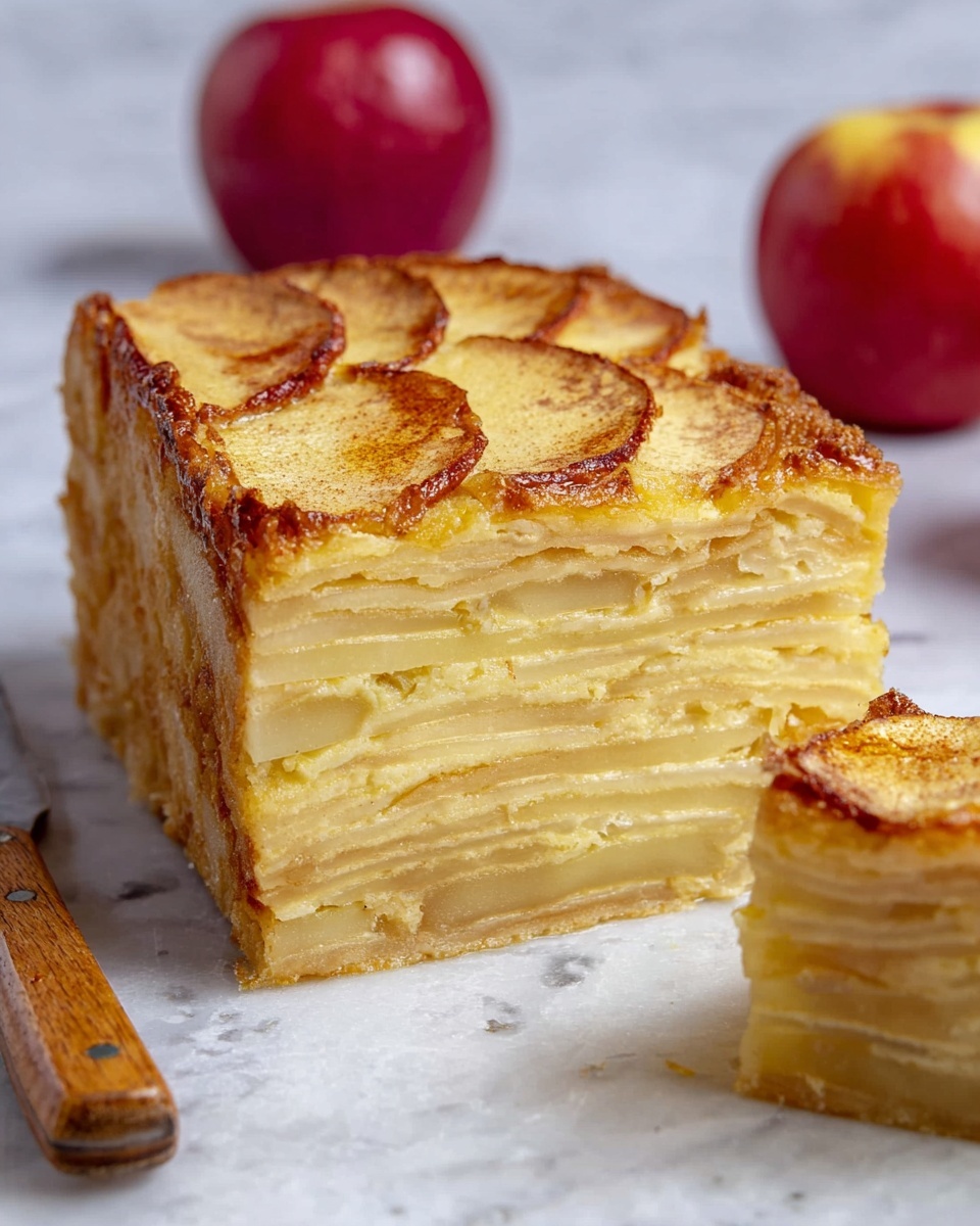 Invisible Apple Cake Recipe 5 The image shows a thick slice of layered apple cake with many thin layers of soft, pale yellow apple inside, stacked neatly to form a solid block. The top layer is golden brown with baked apple slices arranged in a slightly overlapping pattern, giving a textured look with hints of cinnamon or spice on top. The side edges of the cake are slightly darker and crispy, adding contrast to the soft inside. Nearby, there is a smaller piece of the same cake on white marbled background, with two shiny red apples in the back right for added color. A wooden-handled knife rests on the left side of the scene. Photo taken with an iphone --ar 4:5 --v 7