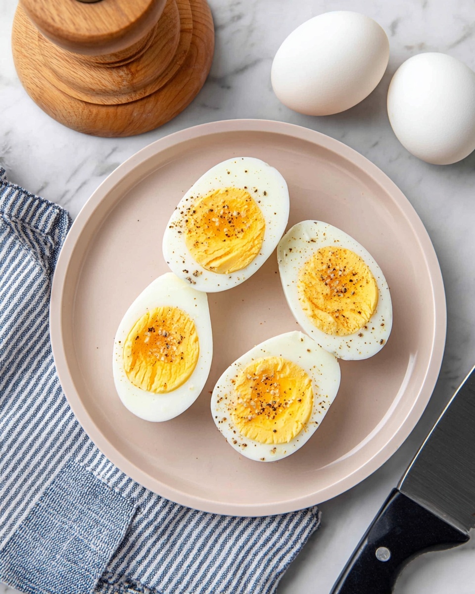 Air Fryer Hard Boiled Eggs Recipe 2 A white round plate holds four halves of hard boiled eggs arranged in a circular pattern. Each half shows a smooth white outer layer with a bright, slightly textured yellow yolk center, sprinkled with coarse salt and black pepper for contrast. The plate sits on a white marbled surface, with two whole white eggs nearby, a wooden pepper grinder to the left, and a knife with a dark handle at the bottom right. A blue and white striped cloth is partially visible under the plate on the left side. Photo taken with an iphone --ar 4:5 --v 7