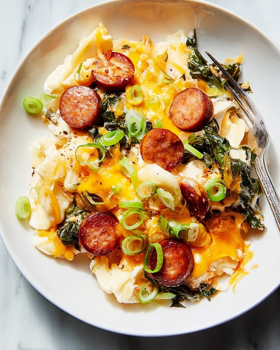 The image shows a white baking dish filled with a cheesy casserole that has about four layers. The top layer is melted bright yellow cheese sprinkled with green chopped onion slices. Below it, there are pieces of browned sausage and white chunks of soft cheese mixed with cooked leafy greens. The base layer looks creamy and soft with a mix of white and yellow colors. A metal spoon is scooping out a portion from the corner, showing a layered mix of melted cheese, sausage, soft cheese, and greens all together on the spoon. The dish sits on a white marbled surface. photo taken with an iphone --ar 4:5 --v 7