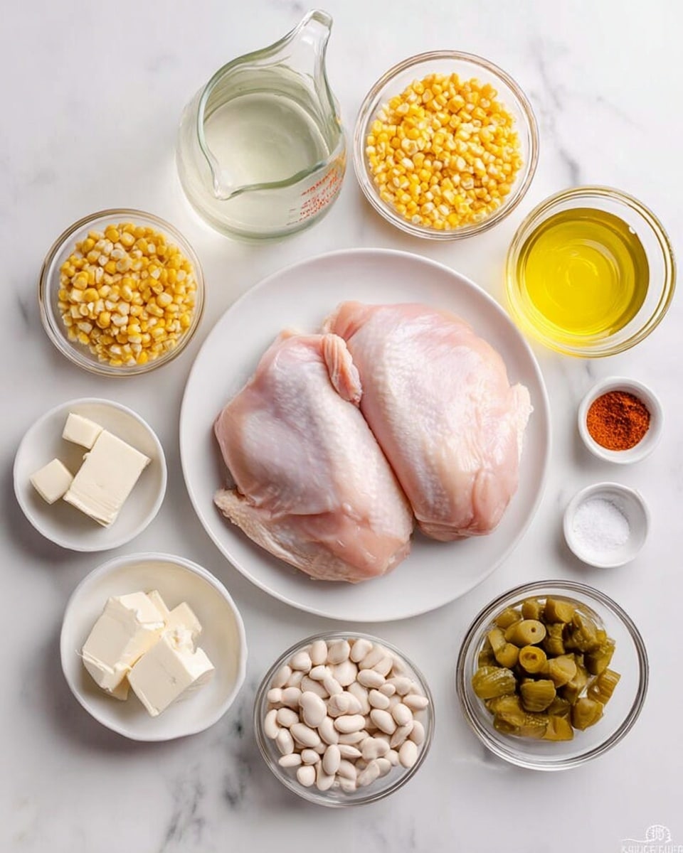 Three raw chicken pieces are placed in the center of a white plate. Around the plate are small glass bowls and white dishes filled with different ingredients: bright yellow corn kernels, white cubes of butter, a white powder, a yellow powder, clear liquid, a small amount of olive oil, a clear liquid in a larger glass measuring cup, white beans in a glass bowl, green chopped pickles in a small dish, and small dishes of salt and red powder. All items are arranged on a white marbled surface. Photo taken with an iphone --ar 4:5 --v 7