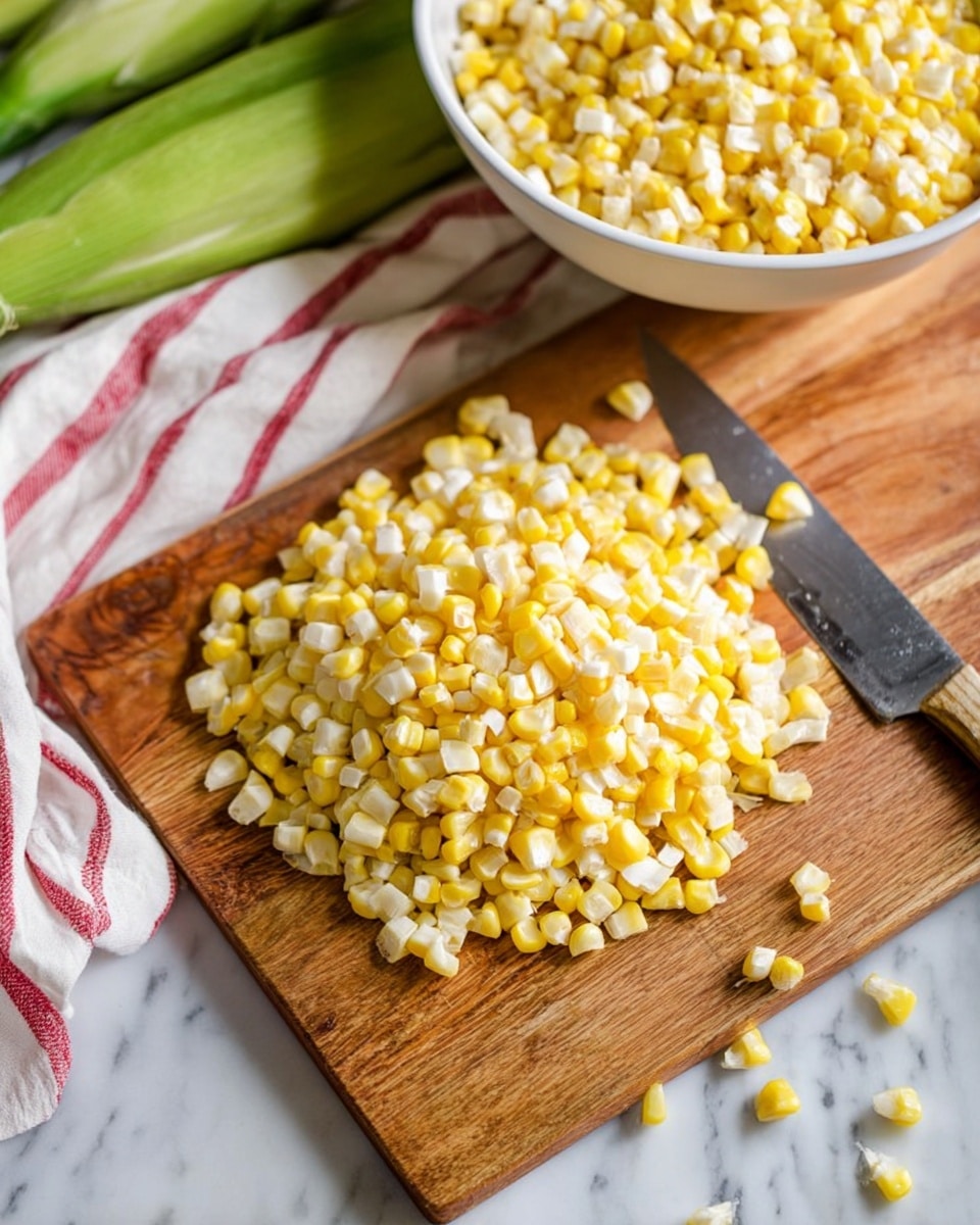 A pile of freshly cut yellow and pale corn kernels is centered on a wooden cutting board, with a large knife resting nearby touching the pile on one side. Behind the cutting board, there is a white bowl filled with more corn kernels sitting on a white cloth with red stripes. To the left, some fresh corn with green husks is partially visible. The whole scene is set on a white marbled surface. photo taken with an iphone --ar 4:5 --v 7