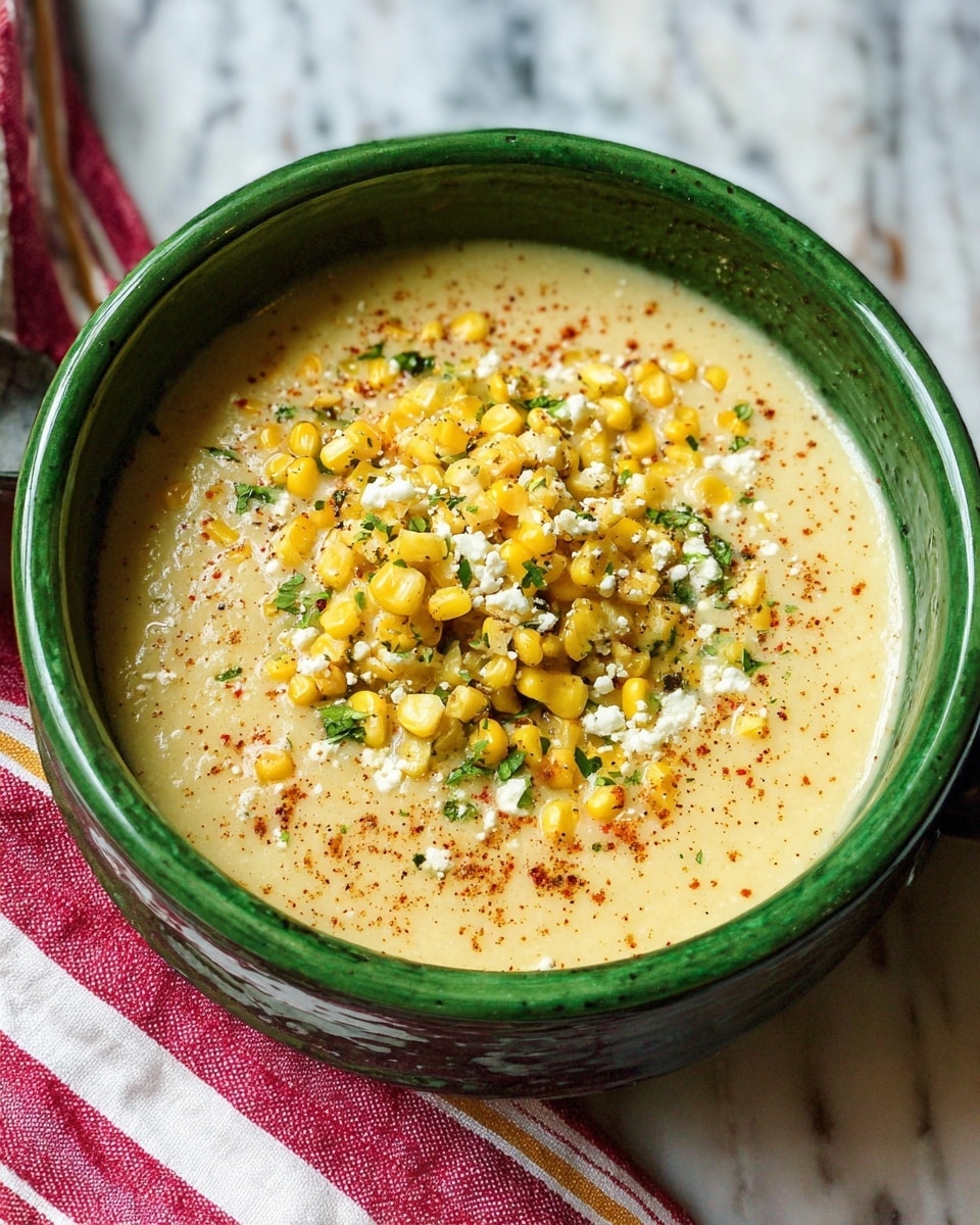 The image shows two white bowls filled with creamy corn soup, each topped with a layer of grilled corn kernels scattered over a smooth yellowish base. The corn is sprinkled with crumbled white cheese, small green herb pieces, and a dusting of red chili powder. The bowls have green handles and are placed on a wooden table with a white cloth that has red stripes underneath them. Around the bowls, there are lime wedges, small green herb leaves, and a small white bowl of soft white cheese. The surface is a white marbled texture. photo taken with an iphone --ar 4:5 --v 7