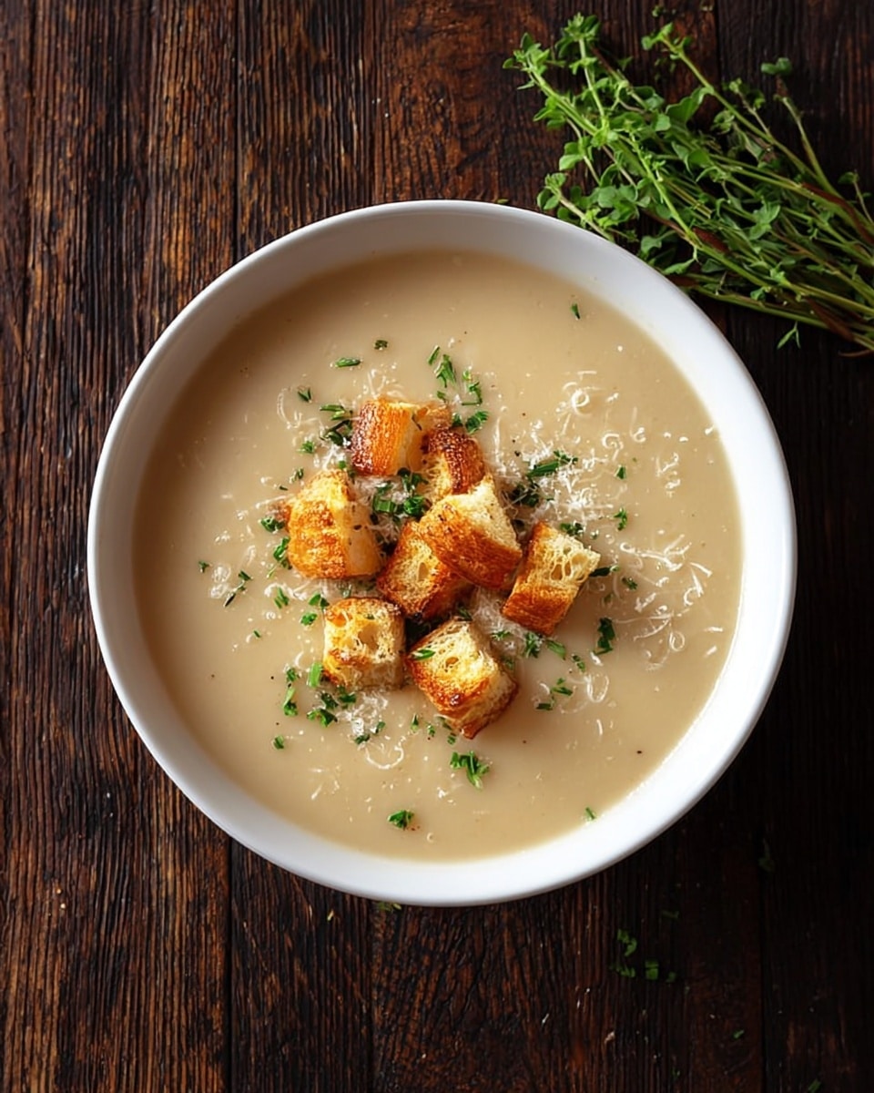 A white bowl filled with a smooth, light beige soup, topped with golden brown toasted croutons scattered in the center, sprinkled lightly with green fresh herbs and some grated cheese. The bowl sits on a dark wooden surface, with a small bunch of green herbs placed beside it. photo taken with an iphone --ar 4:5 --v 7