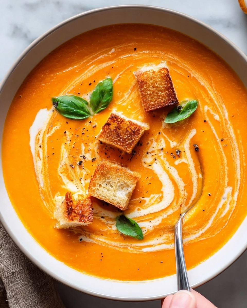 A bowl of bright orange creamy soup with a smooth texture is shown on a white marbled surface. There are swirls of white cream mixed lightly into the soup, creating a marbled effect on the surface. On top, there are three small toasted bread squares, golden brown with a crispy texture. Each bread piece is garnished with a small green basil leaf, and there is a sprinkle of black pepper on the soup and bread. A silver spoon is dipped into the soup on the right side, held by a woman's hand. The bowl is white and round, complementing the vibrant colors of the soup and garnishes. photo taken with an iphone --ar 4:5 --v 7