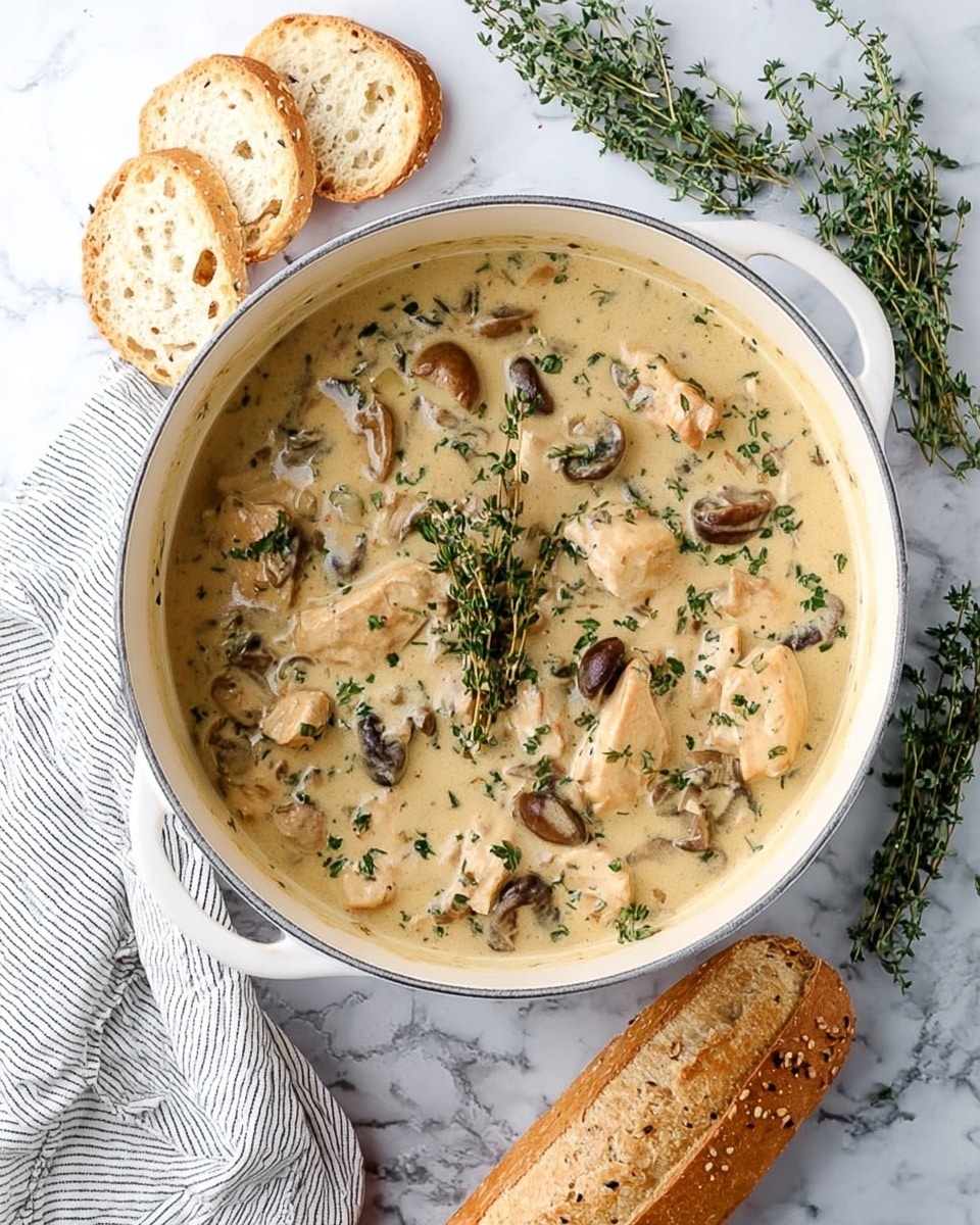 A large white bowl filled with creamy light beige soup that has chunks of tender chicken or similar meat and dark brown sautéed mushroom slices on top. Fresh small green herb leaves scatter over the soup surface. A silver spoon rests inside the bowl on the right side, slightly dipped in the soup. Around the bowl, there are three slices of light golden toasted bread above, and more pieces on the right, placed on a white marbled surface. A white cloth with thin black stripes lies under the bowl to the left, with some fresh green herbs placed nearby. The photo taken with an iphone --ar 4:5 --v 7