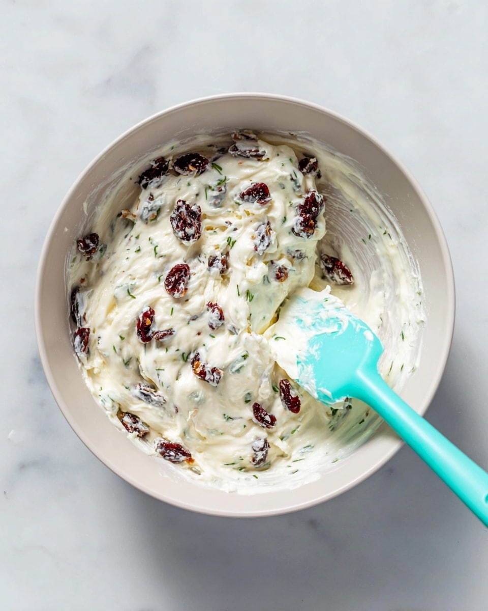 The image shows a long wooden tray holding twelve small, round pinwheel rolls. Each roll has a creamy white base with visible layers of cream cheese spread and bits of red dried cranberries and small green pieces, likely herbs or peppers, swirled inside. On the right side, there is a white plate with two pinwheel rolls placed on it, both showing the same creamy white base with red and green bits. The setting is on a white marbled surface, giving a clean and bright look. Photo taken with an iphone --ar 4:5 --v 7