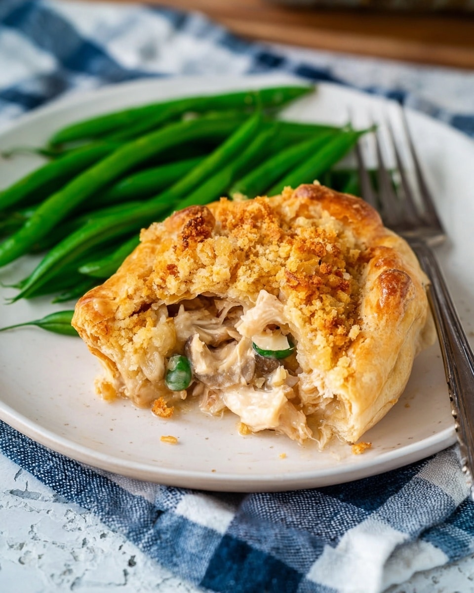 A golden brown pastry galette sits on the left side of a white plate, with crumbled topping of light beige and slightly toasted crumbs covering its center. The galette's crust is thick, flaky, and slightly folded inward around the edges in a rustic style. On the right side of the plate, there is a small pile of bright green cooked green beans that are slightly shiny and smooth in texture. The plate rests on a white marbled surface with a small part of a checkered cloth visible underneath, and a wooden utensil is blurred in the background. Photo taken with an iphone --ar 4:5 --v 7