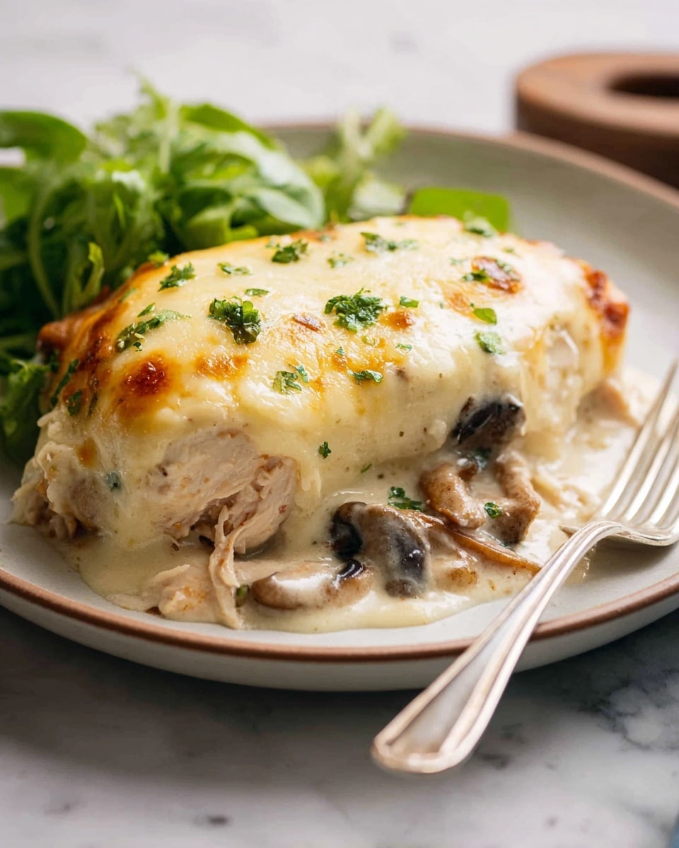 A thick piece of food covered in a golden, melted cheese layer on top with small green herbs sprinkled over it is placed in the center of a white plate. Below the cheese, there is a creamy, light-colored sauce with visible shredded light meat and chunks of dark mushrooms mixed inside. On the left side of the plate, there is a small bunch of fresh green leaves. A silver fork lies on the white marbled surface next to the plate. photo taken with an iphone --ar 4:5 --v 7