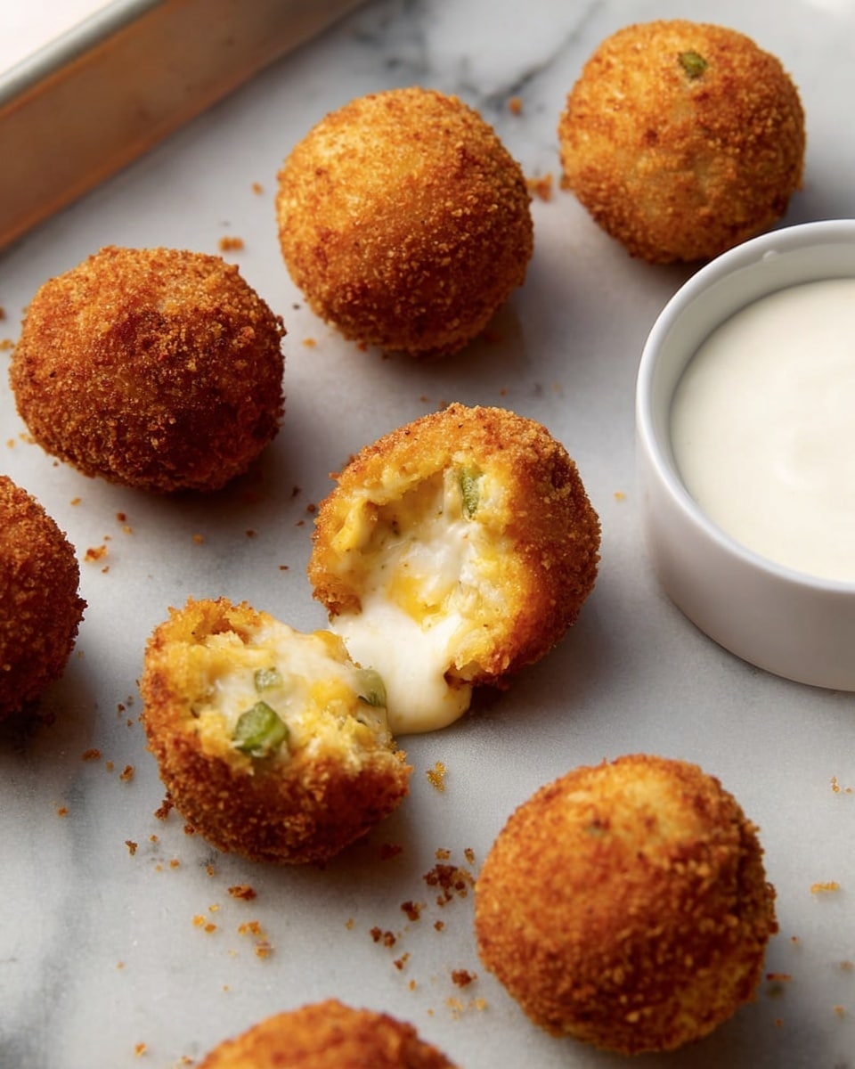 A white plate holds about fifteen round, golden brown fried balls, stacked in a small pile showing their crispy, rough textured surface. To the side of the plate, a small wooden bowl contains smooth white sauce topped with tiny pieces of green herbs scattered on and around it. The plate rests on a white marbled surface with soft, natural lighting highlighting the warm, crunchy texture of the balls. Photo taken with an iphone --ar 4:5 --v 7