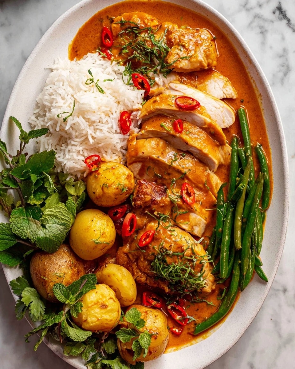 A whole roasted chicken with a shiny, deep golden-brown skin sits in a white pot filled with a rich reddish-brown sauce. The chicken is garnished with small slices of bright red chili peppers and fresh green cilantro leaves scattered on top and around it. Fresh green basil leaves are placed near the chicken inside the pot. The pot rests on a white marbled surface. photo taken with an iphone --ar 4:5 --v 7
