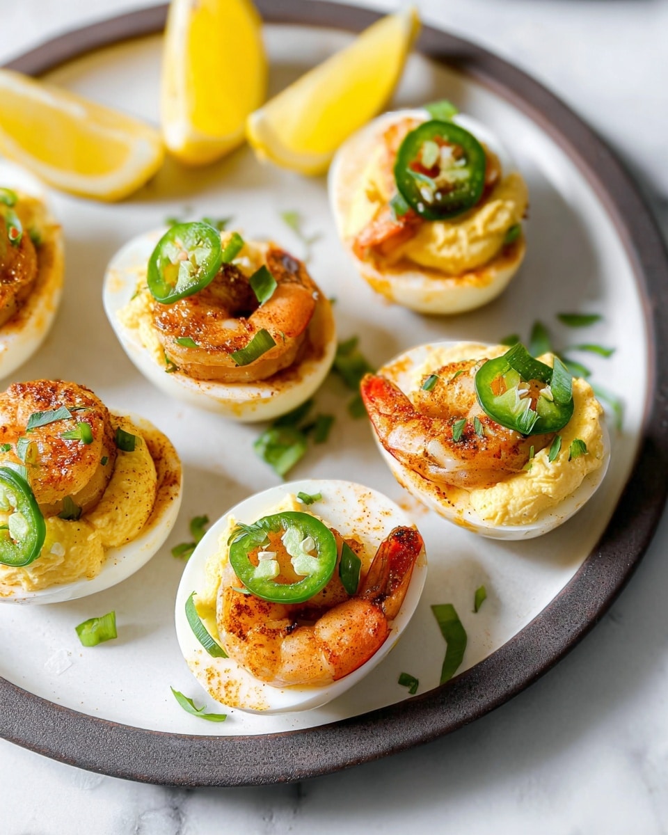 The image shows a white plate with six halves of hard boiled eggs arranged on it, each topped with a creamy yellow filling, a piece of cooked shrimp with a browned, slightly crispy surface, a slice of green jalapeño, and small green herbs sprinkled on top. The eggs are placed near two lemon wedges with bright yellow skin and pale flesh. The plate sits on a white marbled surface, giving a clean and bright look. photo taken with an iphone --ar 4:5 --v 7