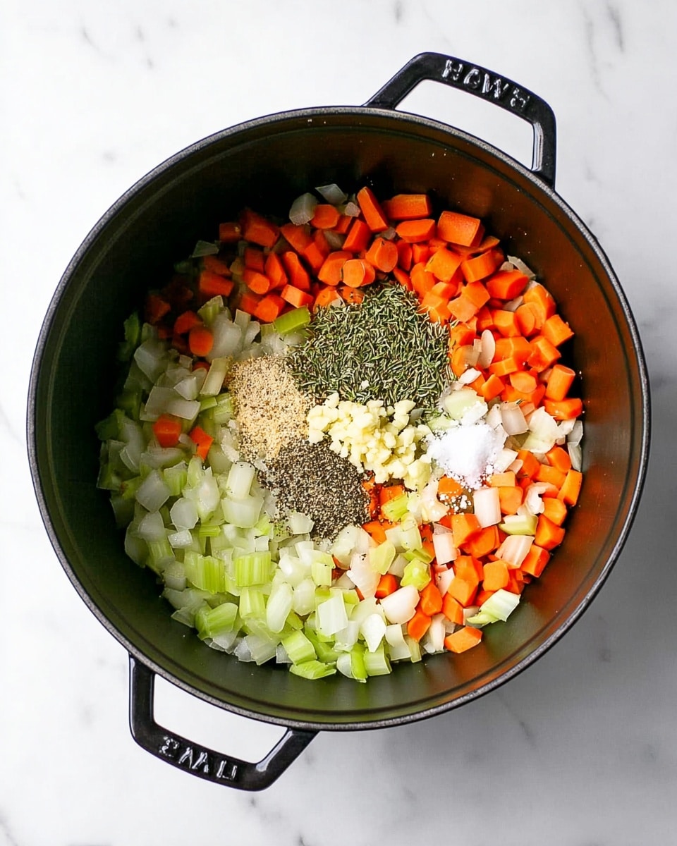 Inside a black round pot with handles on each side, there is a mix of chopped vegetables and spices. The vegetables are layered with small pieces of orange carrots, light green celery, and white onions spread evenly around the pot. In the center, there is a small pile of minced garlic that is pale yellow, next to a pile of green dried herbs, scattered black pepper, and white salt. The pot is placed on a white marbled surface. Photo taken with an iphone --ar 4:5 --v 7