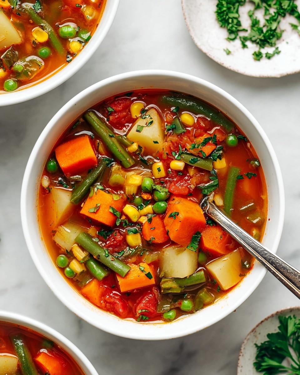 A close-up of a white bowl filled with vegetable soup, showing four main layers: large chunks of orange carrot, green beans, diced white potato, and green peas spread throughout. Bright red tomato pieces float on top with some yellow corn kernels. Fresh green herbs are sprinkled over the soup, and a silver spoon is resting on the right side inside the bowl. The bowl is placed on a white marbled surface, with another white bowl containing soup partially visible at the top right, and some green herbs on a small white plate nearby. Photo taken with an iphone --ar 4:5 --v 7