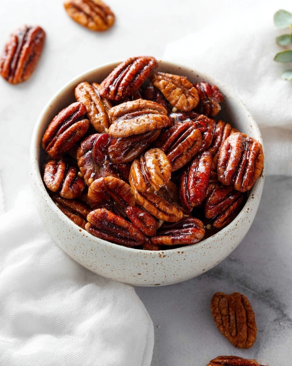A white speckled bowl filled with glossy, roasted pecans, each nut showing deep brown and reddish tones and highlighted ridges, sitting on a white marbled surface. Several shiny pecans scattered around the bowl add to the natural look. A white cloth is draped casually in the lower part of the image, contributing to the soft, clean setting. Photo taken with an iphone --ar 4:5 --v 7