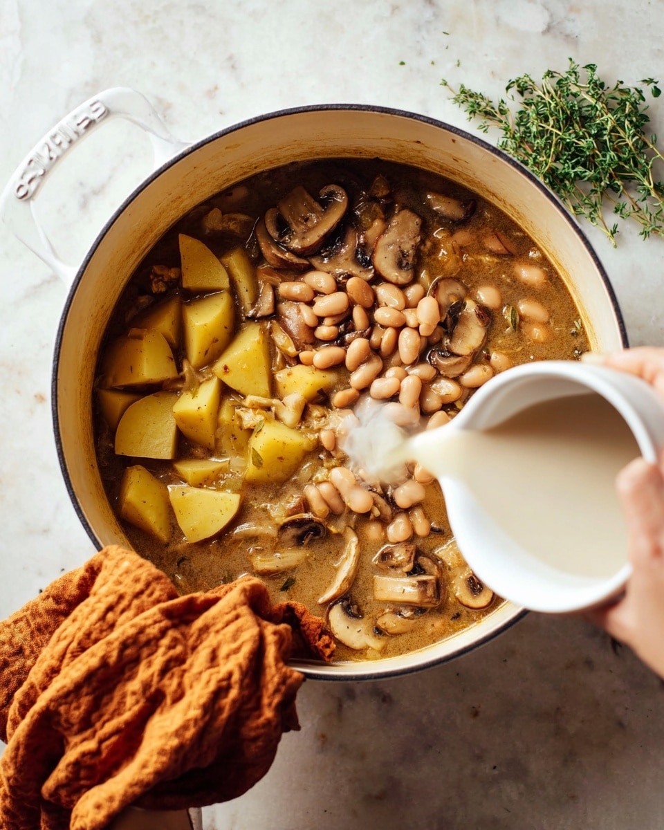 A white pot filled with a hearty stew sits on a white marbled surface with some green herbs to the side. The stew has several visible layers: a base of brown broth mixed with sliced mushrooms and yellow potato chunks, topped with a pile of light brown beans on one side. On the other side, creamy white liquid is being poured into the pot, blending softly into the stew. A woman's hand holds the pot handle wrapped in a rusty orange cloth. Photo taken with an iphone --ar 4:5 --v 7