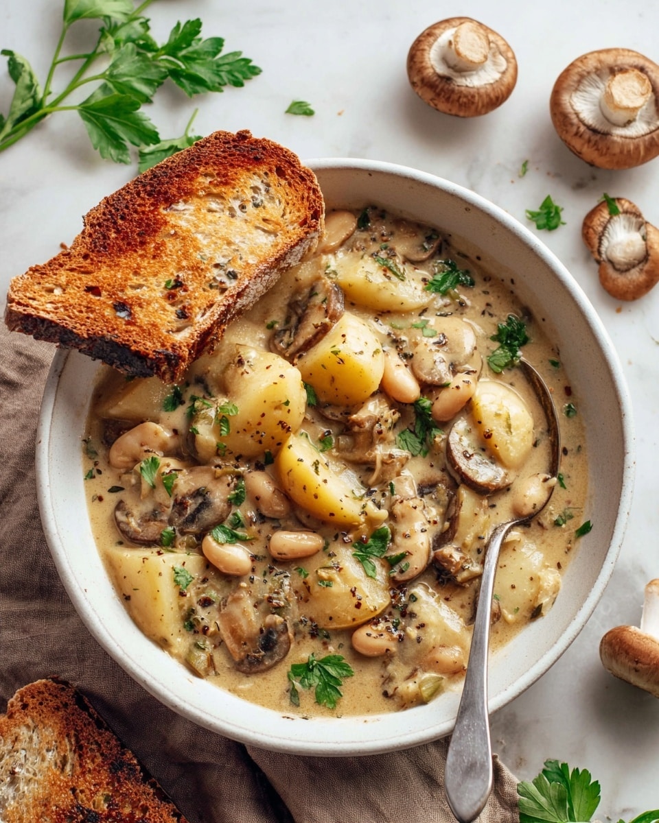 A white bowl filled with a creamy stew containing three main layers: large beige potato pieces with skins on, thick slices of light brown mushrooms with darker edges, and small white beans, all covered in a smooth light brown sauce speckled with black pepper and green parsley bits. On the left side inside the bowl, there is a slice of toasted brown bread leaning against the food. A metal spoon rests on the right edge of the bowl. The bowl sits on a soft brown cloth on a white marbled surface, surrounded by whole brown mushrooms and fresh parsley leaves. photo taken with an iphone --ar 4:5 --v 7