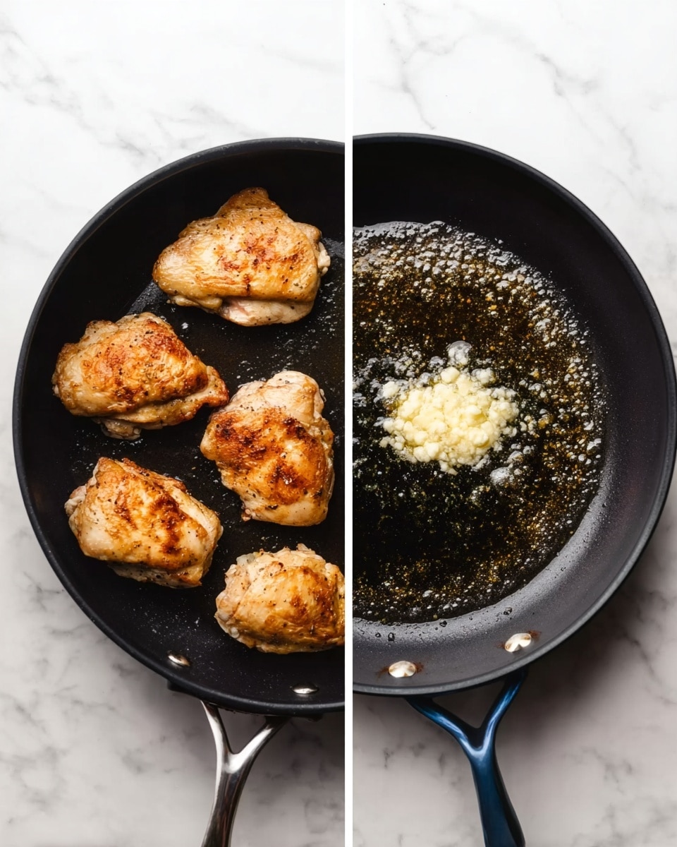 The image shows two parts of cooking in a black pan with a handle on a white marbled surface. On the left side, there are four cooked chicken pieces with a golden brown color and crispy texture, arranged inside the pan. On the right side, the same black pan has bubbling oil with a small dollop of beige butter and minced garlic in the center, melting slowly. Photo taken with an iphone --ar 4:5 --v 7