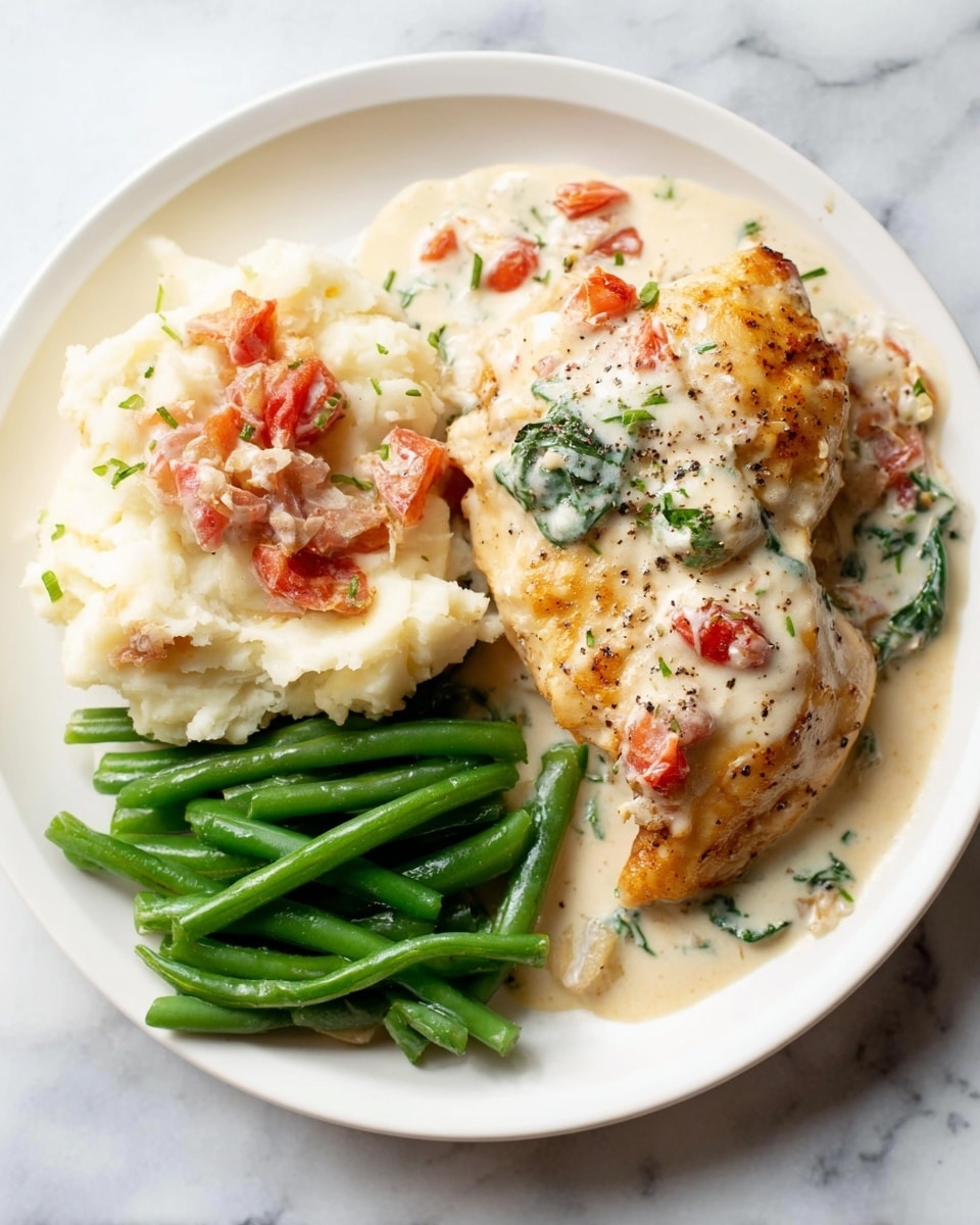 The image shows a close-up of a black skillet filled with four thick, browned layers of cooked chicken covered in a creamy white sauce that has small green spinach pieces and bright red tomato chunks scattered on top. The sauce is rich and thick, filling the skillet with a smooth texture, and the chicken layers sit partly submerged in the sauce. A silver spoon rests on the left side of the skillet, slightly lifting one piece of chicken, revealing more creamy sauce underneath. The skillet is placed on a white marbled surface. photo taken with an iphone --ar 4:5 --v 7