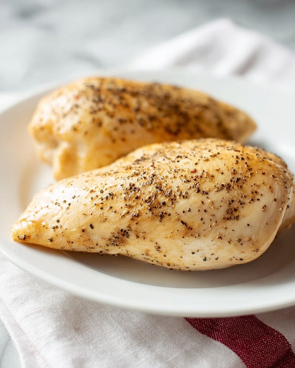 Two cooked chicken pieces sit side by side on a white plate. The chicken has a light golden color with a slight shine, topped with black pepper specks scattered all over its smooth, slightly uneven surface. The plate rests on a white cloth with a red stripe, placed on a white marbled surface. The image shows a close-up view focused on the front chicken piece, highlighting its texture and seasoning, with soft lighting giving it a fresh and simple look. photo taken with an iphone --ar 4:5 --v 7