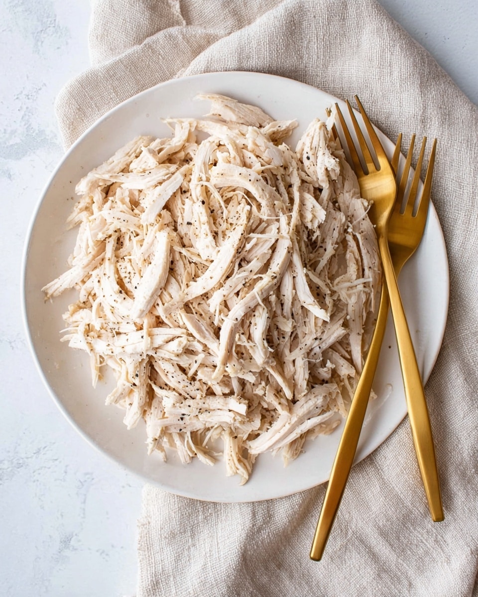 The image shows a white plate filled with shredded cooked chicken, with thin, long white and light tan strands mixed with black pepper specks, piled high in the center. The plate sits on a beige fabric surface, and two gold forks are placed to the right side of the plate. The background is softly blurred, emphasizing the texture of the chicken strands. photo taken with an iphone --ar 4:5 --v 7