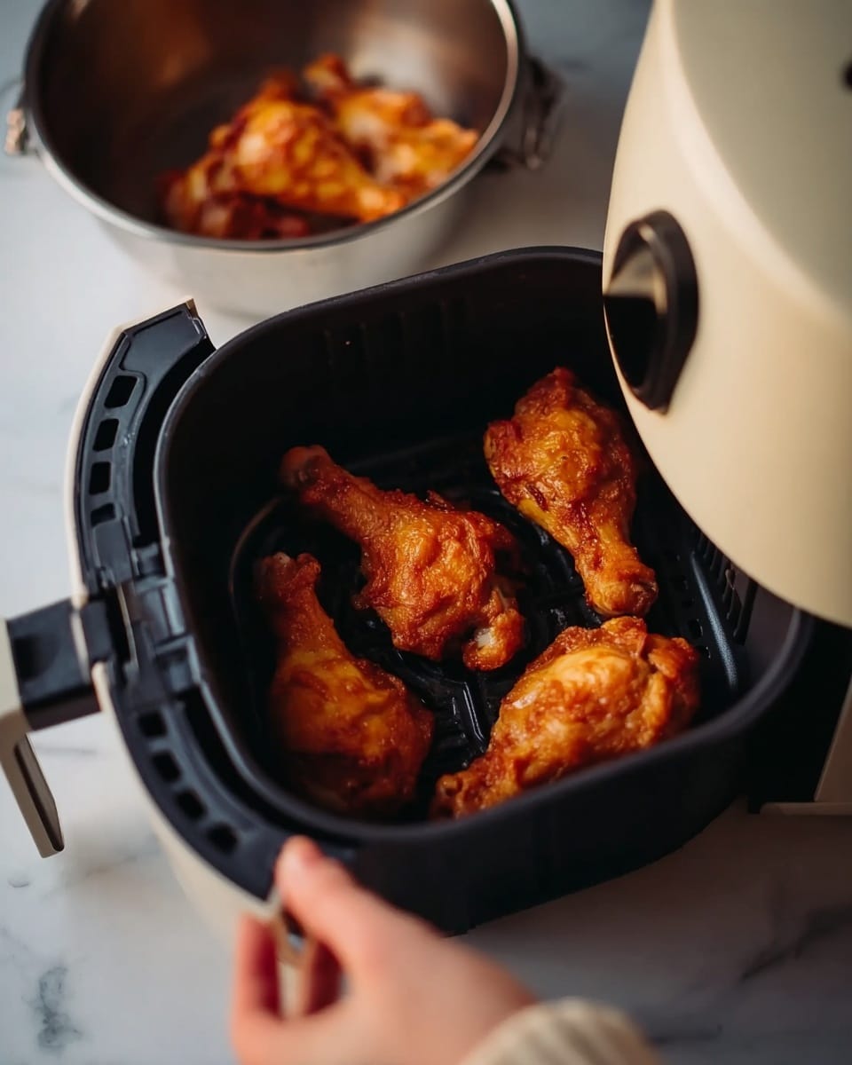 The image shows three pieces of cooked chicken drumsticks with a golden-brown color inside a black air fryer basket. The air fryer is open, revealing the drumsticks arranged with some space between them. In the background, there is a silver bowl with more raw or cooked drumsticks. A woman's hand is holding or opening the air fryer on a white marbled surface. The lighting is soft and warm, highlighting the texture of the chicken skin photo taken with an iphone --ar 4:5 --v 7