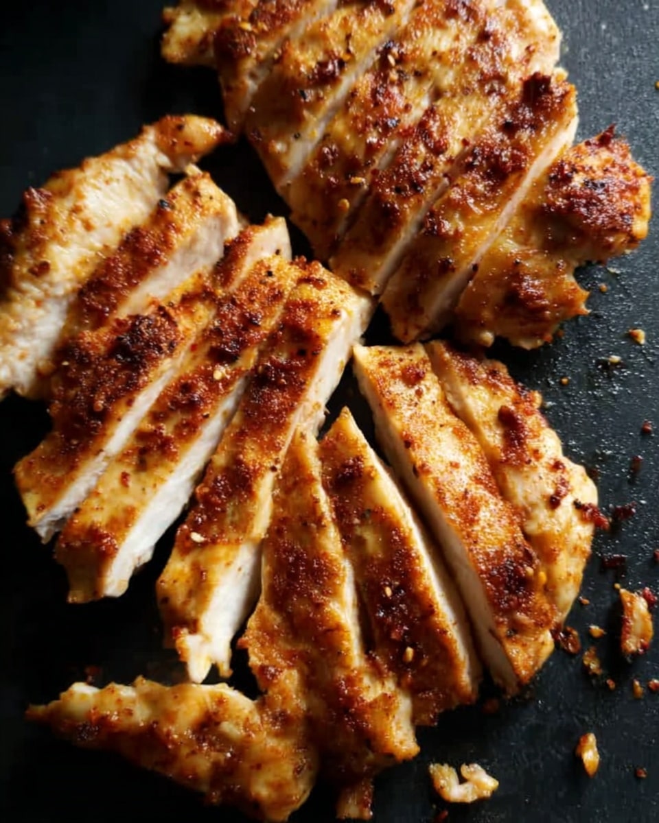 The image shows three cooked chicken pieces placed close together on a black surface. Each piece is sliced into several strips, revealing a juicy inside with a golden-brown crispy skin. The chicken looks seasoned with small visible spices and has a slightly charred texture in some parts. There are a few crumbs of crispy skin around the chicken pieces. photo taken with an iphone --ar 4:5 --v 7