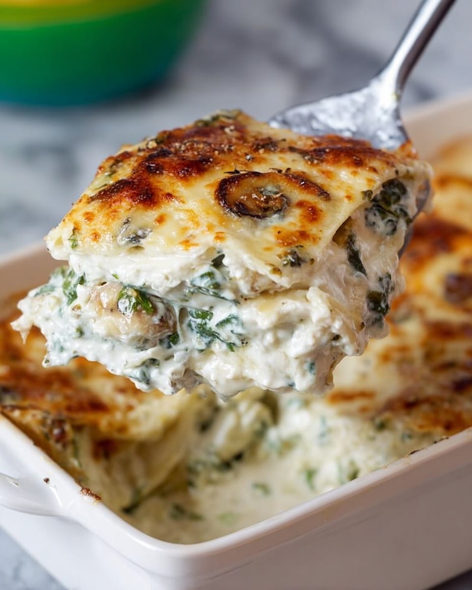The image shows a baking dish filled with a layered casserole that has a golden-brown cheese topping, with some browned spots and melted texture over a creamy white base. Beneath the cheese layer, there are visible pieces of mushrooms and green herbs interspersed within a creamy mixture. The casserole is in a square, light purple baking dish placed on a wooden cutting board, with a white marbled surface behind it. The dish looks fresh and baked to a perfect finish photo taken with an iphone --ar 4:5 --v 7