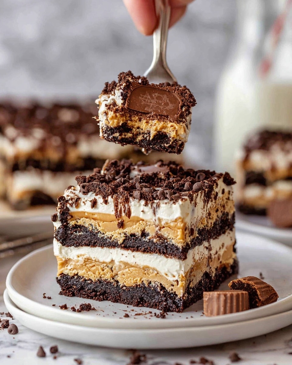 The image shows a square dessert with five layers on a white plate sitting on a white marbled surface. From bottom to top, the first layer is a crumbly dark brown chocolate crust, followed by a thick light tan peanut butter layer with a dense texture. Above that is a thin crunchy dark chocolate layer with some chocolate chips embedded. The fourth layer is a fluffy white cream that looks smooth and soft, topped with another dark crumbly chocolate layer sprinkled with small chocolate chips. On top of the dessert is a halved chocolate peanut butter cup piece. A fork with a bite of the dessert, showing all five layers with some chocolate drizzle, is being held above it by a woman's hand. In the background, more pieces of the dessert and a glass bottle of milk are visible. photo taken with an iphone --ar 4:5 --v 7
