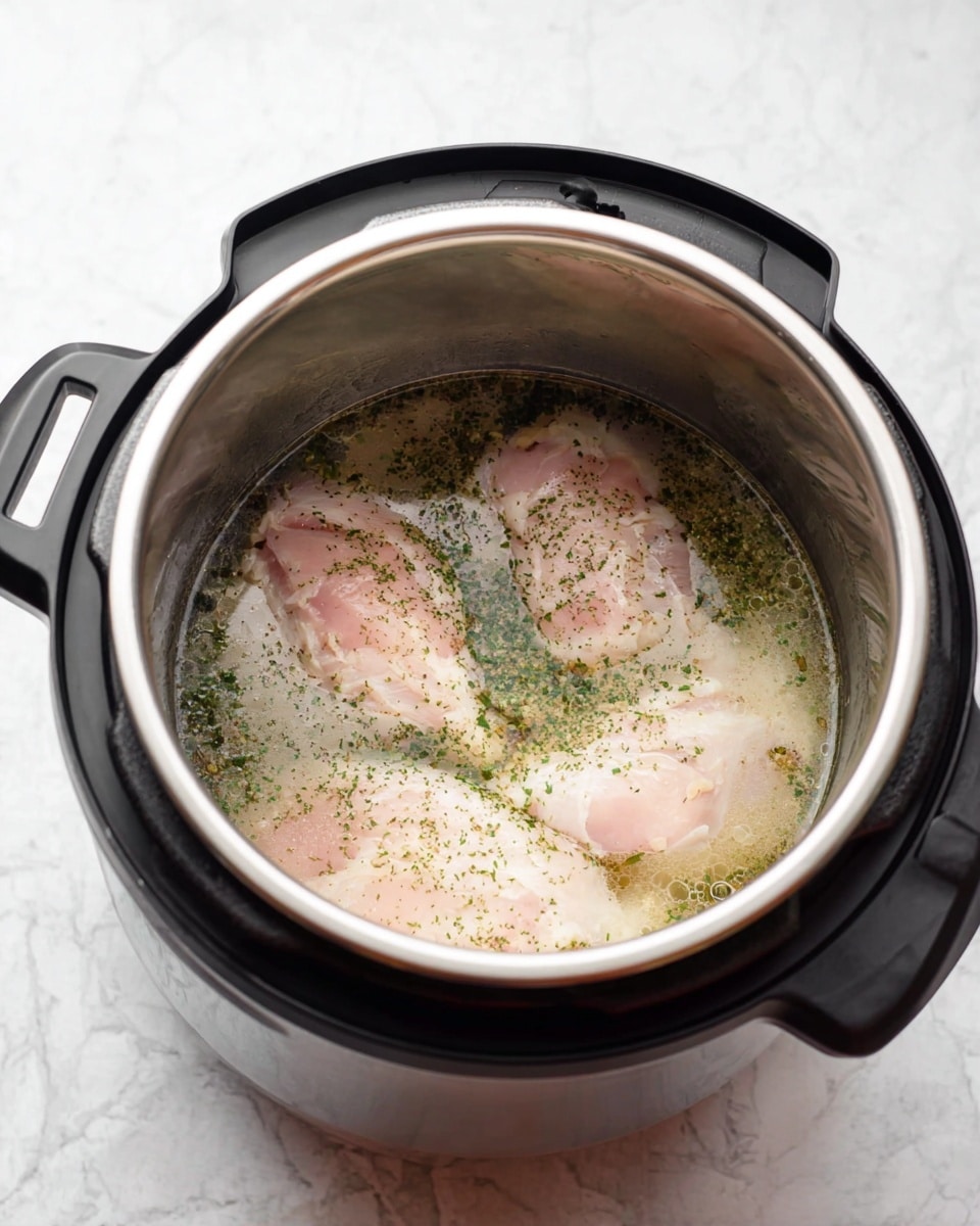 Inside a silver Instant Pot with black handles, three raw pink chicken pieces lay partly covered in a light broth with small green herb flakes scattered on top, filling about half the pot's inside. The pot sits on a white marbled surface, and the liquid looks thin with a few bubbles near the edges, showing a simple, fresh cooking stage photo taken with an iphone --ar 4:5 --v 7