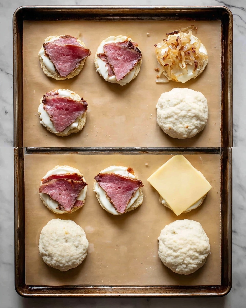 The image shows four different stages of assembling a dish on a baking tray lined with light brown parchment paper. In the first stage, there are six small round biscuit bases spread evenly on the tray, each topped with a layer of creamy white spread and a triangular slice of pinkish-red roast beef with darker edges. The second stage adds a small pile of light golden-brown fried onions on top of each piece of roast beef. The third stage covers each stack with a smooth, pale yellow slice of cheese that fully covers the meat and onions beneath. In the final stage, each cheese-topped stack is fully covered by a rough, white biscuit dough mound that looks slightly uneven in texture. The lighting is soft and natural, and the baking tray rests on a white marbled surface. photo taken with an iphone --ar 4:5 --v 7