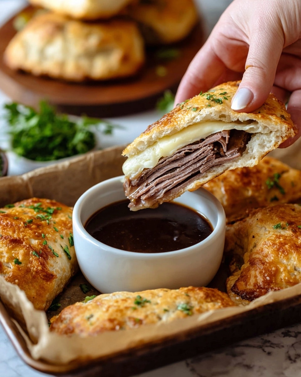 The image shows five round biscuit sandwiches on brown parchment paper inside a metal tray. Each sandwich has a golden brown biscuit top layer sprinkled with green herbs, looking soft and slightly puffy. Between biscuit layers, melted white cheese peeks through, with a dark brown sausage patty visible in one sandwich. Next to the biscuits is a small white bowl filled with dark brown gravy. The tray sits on a wooden table, with fresh green parsley and a tan cloth nearby. Photo taken with an iphone --ar 4:5 --v 7