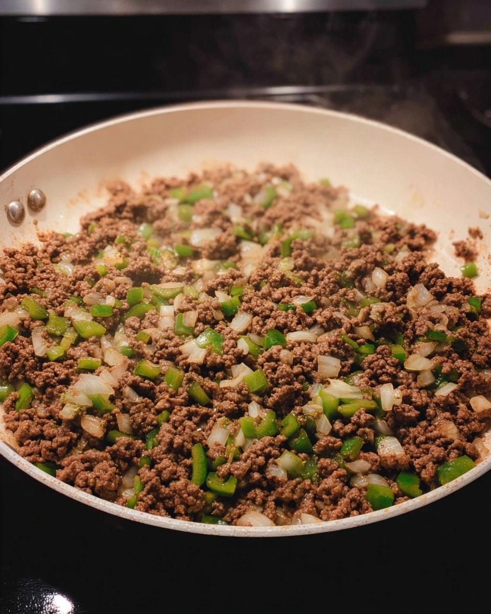 A large white pot filled with rich, thick tomato sauce mixed with small pieces of ground meat, elbow macaroni pasta, and diced green bell peppers. The sauce looks smooth but chunky with bits of tomato and spices visible, topped with a black ladle resting inside the pot. A single bay leaf floats on the surface near the ladle. The pot sits on a white marbled stove surface with some splatters of sauce on the rim. photo taken with an iphone --ar 4:5 --v 7