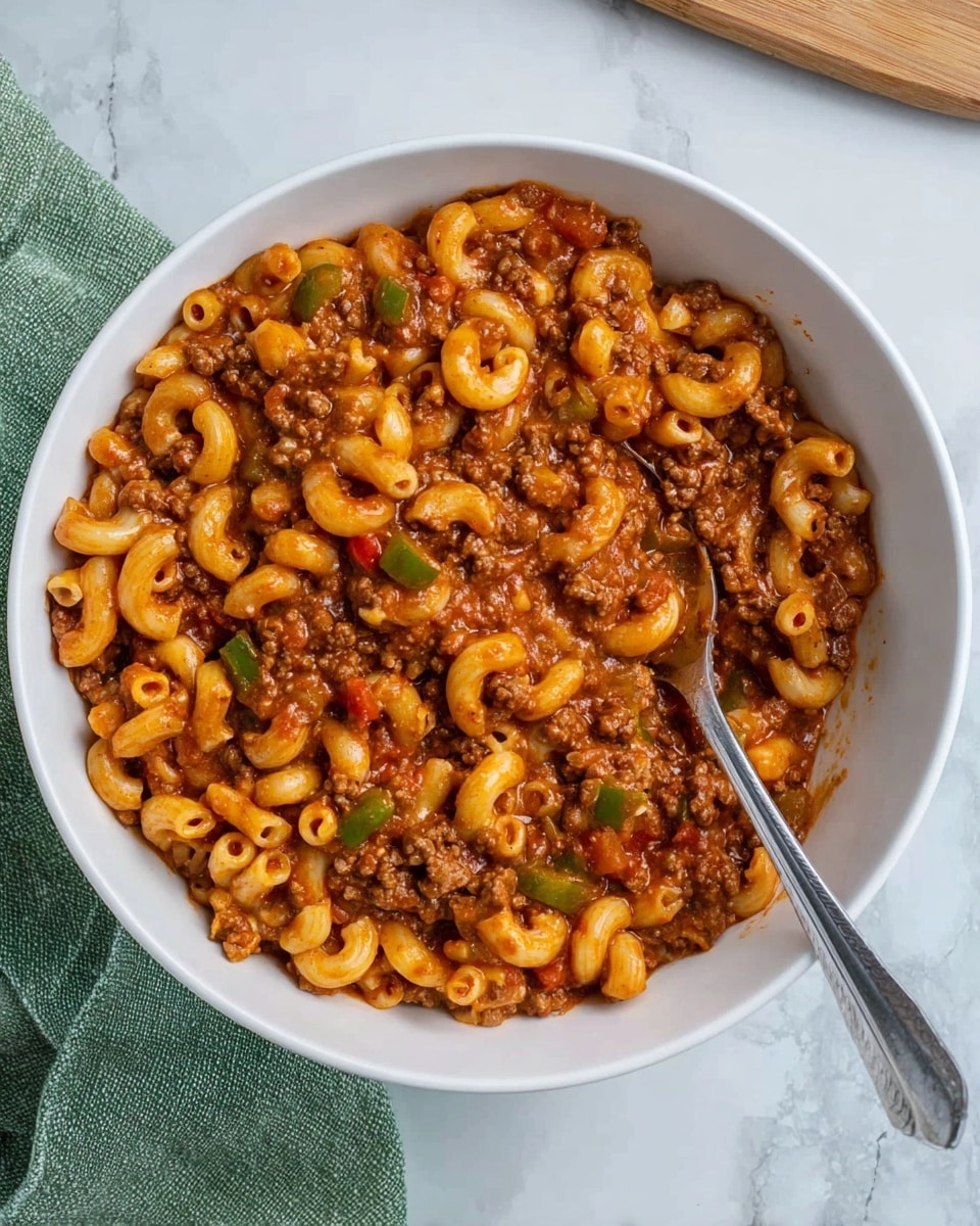 The image shows a white bowl filled with macaroni pasta mixed evenly with a thick, brownish-red sauce containing ground meat and small chunks of green and red bell peppers. The macaroni is soft, curved, and coated in the savory sauce, creating a textured look with bits of meat and vegetables visible throughout. A metal spoon rests inside the bowl, partially submerged in the pasta. The bowl is placed on a white marbled surface with a green cloth near it, suggesting a cozy meal setting. Photo taken with an iphone --ar 4:5 --v 7