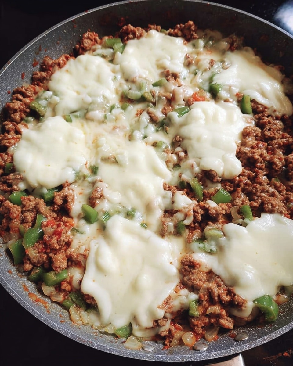 A close-up view of a grey pan filled with cooked ground meat mixed with small pieces of green bell pepper and chopped onions. On top of the meat mixture, there are five slices of white melted cheese, slightly bubbling and covering parts of the filling underneath. The pan rests on a dark surface, contrasting with the colorful ingredients inside. Photo taken with an iphone --ar 4:5 --v 7
