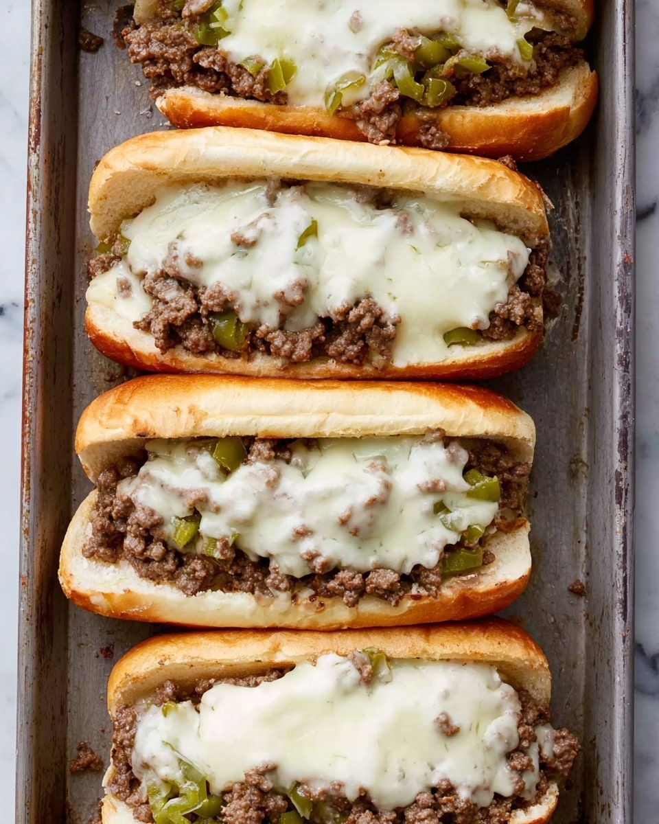 The image shows two sandwiches on a white plate with a white marbled surface beneath. Each sandwich has a light golden toasted bread roll split open horizontally. Inside, there is a bottom layer of cooked ground meat mixed with diced green bell peppers and onions, creating a mix of brown, green, and slightly translucent white colors. On top of the meat mixture, melted white cheese covers most of the filling, with a smooth and shiny texture. The sandwiches are placed side by side, with the bread slightly cracked on the edges. Photo taken with an iphone --ar 4:5 --v 7